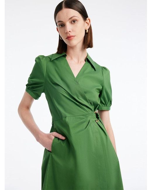 GOELIA Green V-Neck Wrap-Around Pleated Mini Dress