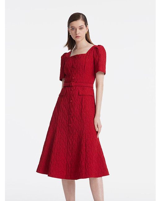 GOELIA Red Jacquard Square Neck Single-Breasted Midi Dress With Belt