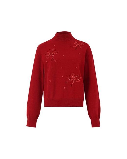 GOELIA Red Tencel Wool Blend Mock Neck Sequins Sweater