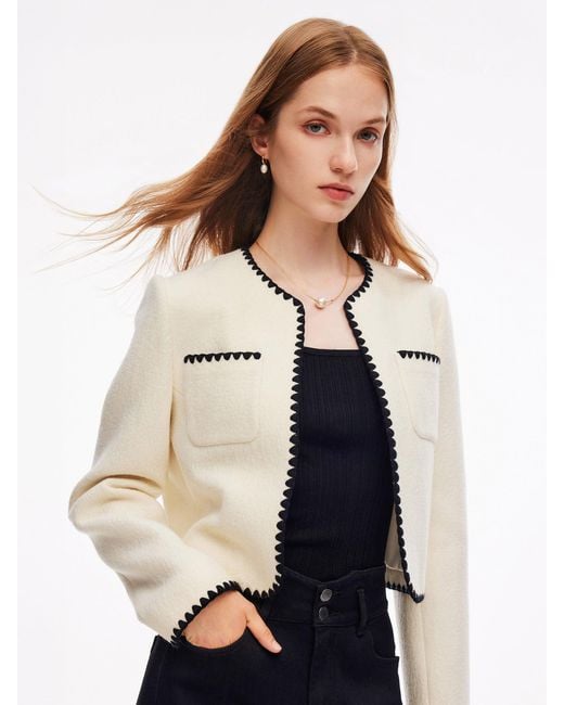GOELIA White 100% Wool Contrast Trim Crop Jacket