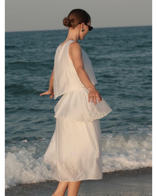 GOELIA White Tencel Blend Ruffle Tiered Sleeveless Midi Dress