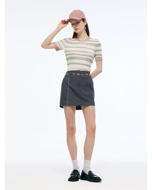 GOELIA White Tencel Blend Color Block Stripe Knit Top