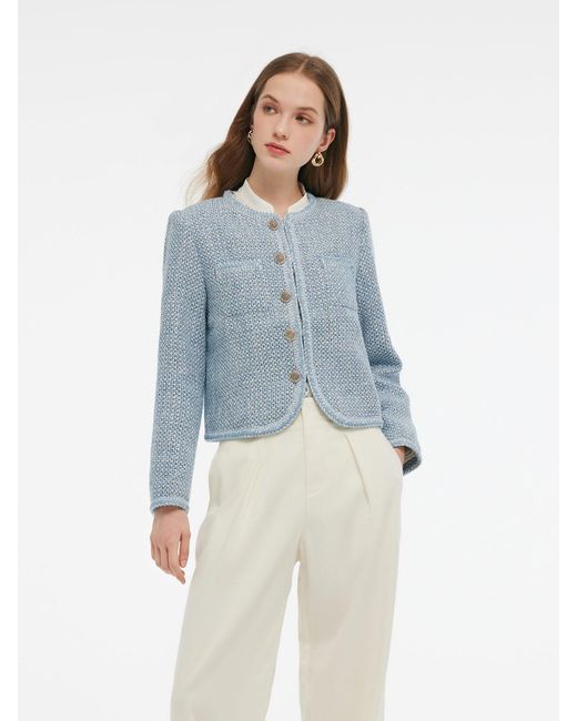 GOELIA Blue Tweed Round Neck Jacket