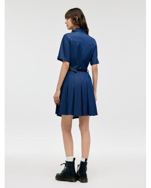 GOELIA Blue Double-Layer Denim Mini Dress With Belt