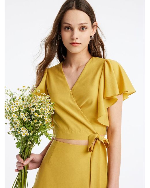 GOELIA Yellow Acetate Ruffle Sleeve Blouse And Skirt Two-Piece Set