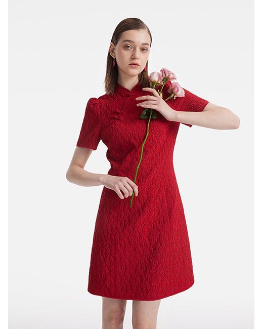 GOELIA Red Jacquard Cheongsam Qipao Mini Dress