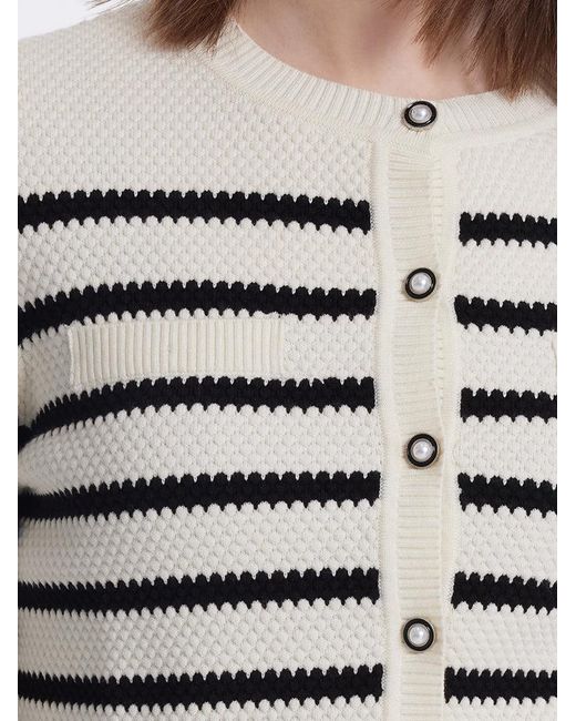 GOELIA White Striped Pearl Button Knitted Cardigan