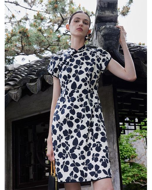 GOELIA Black Cotton Floral Cheongsam Qipao Mini Dress