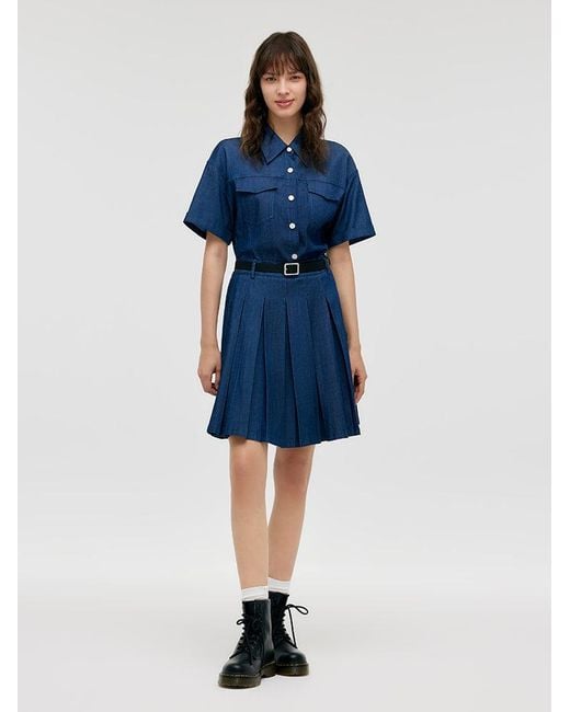 GOELIA Blue Double-Layer Denim Mini Dress With Belt