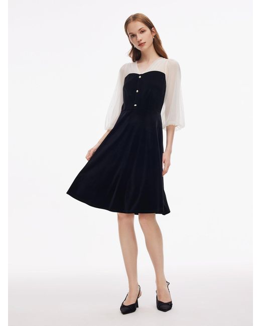 GOELIA Blue Sequined Mesh Patchwork Velvet Midi Dress