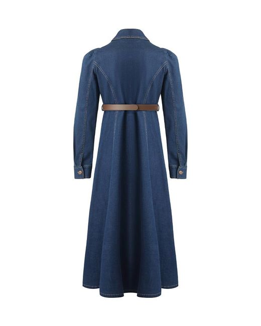 GOELIA Blue Single-Breasted Lapel Midi Denim Dress With Belt