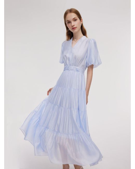 GOELIA Purple A-Line V-Neck Pleated Tiered Maxi Dress