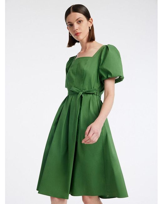 GOELIA Green Square Neck Puff Sleeve A-Line Mini Dress