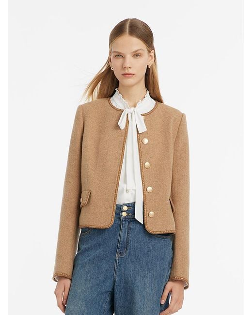 GOELIA Blue Washable Wool Round Neck Single-Breasted Jacket