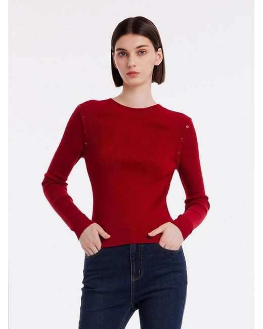 GOELIA Red Detachable Sleeve Woolen Round Neck Sweater