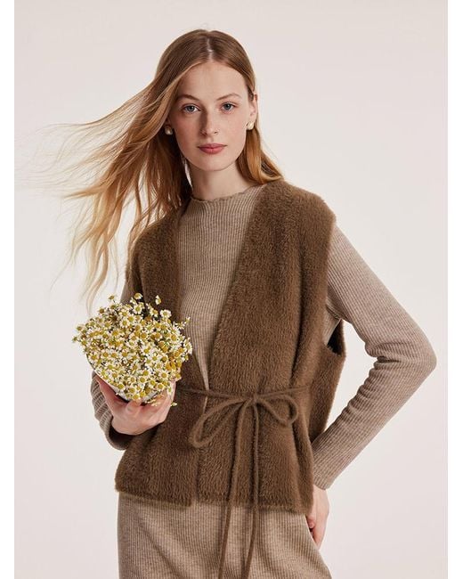 GOELIA Natural Slim Pinafore Dress And Faux Mink Vest Two-Piece Set With Belt
