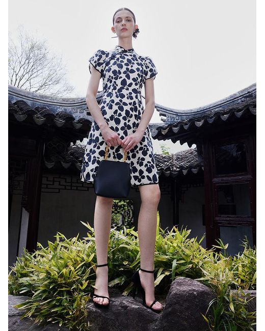 GOELIA Black Cotton Floral Cheongsam Qipao Mini Dress