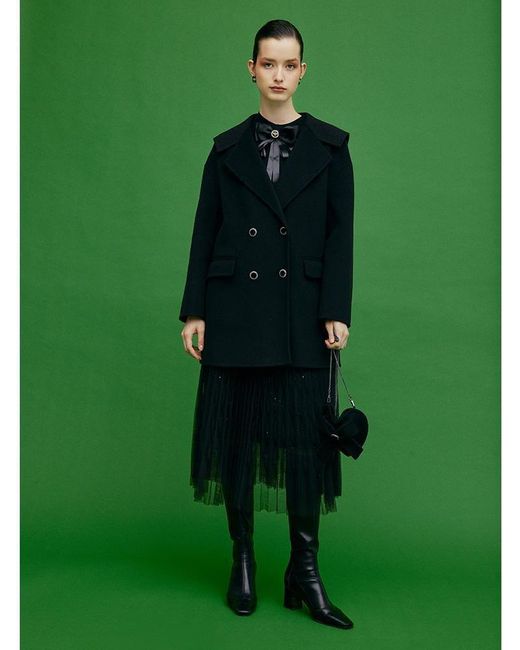 GOELIA Green Double-Breasted Wool Coat With Heart-Shaped Bag