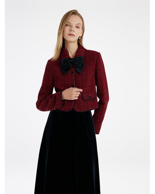 GOELIA Red Tweed Jacket And Velvet Skirt Two-Piece Set With Detachable Bowknot