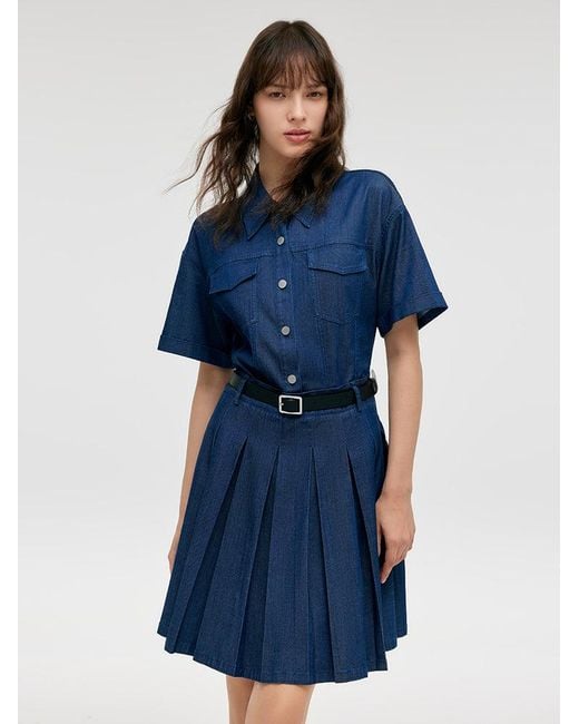 GOELIA Blue Double-Layer Denim Mini Dress With Belt
