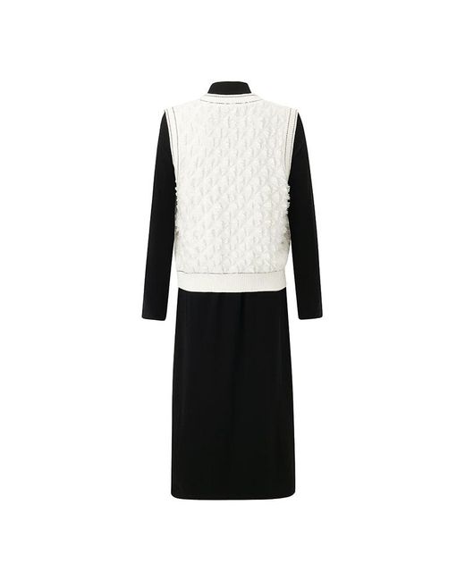 GOELIA White Knitted Midi Dress And Contrast Stitch Vest Two-Piece Set