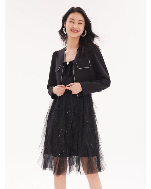 GOELIA Black Jacket And Netted Gauze Dress Two-Piece Set