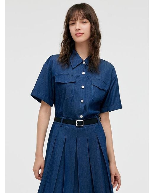 GOELIA Blue Double-Layer Denim Mini Dress With Belt