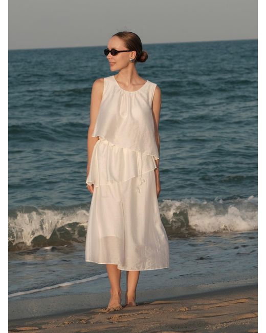 GOELIA White Tencel Blend Ruffle Tiered Sleeveless Midi Dress