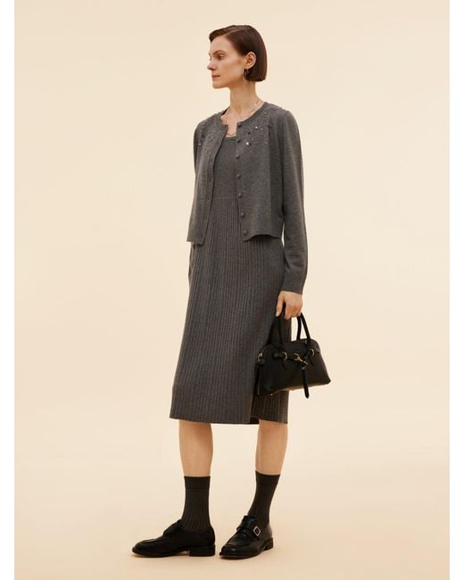 GOELIA Natural Beaded Cardigan And Pleated Sleeveless Midi Dress Two-Piece Set