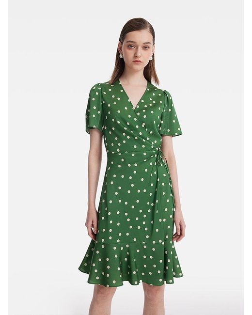 GOELIA Green 19 Momme Mulberry Silk Polka Dots Printed Ruffle Mini Dress With Scrunchie
