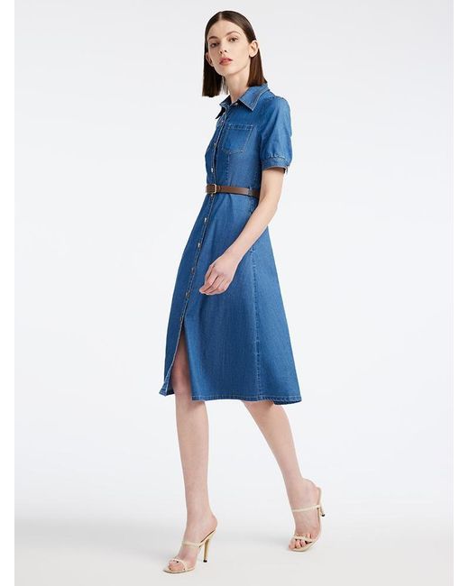 GOELIA Blue Tencel Denim Shirt Midi Collared Dress With Belt
