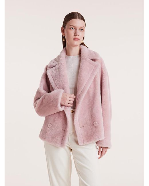 GOELIA Pink Lapel Double-Breasted Teddy Lamb Wool Short Coat