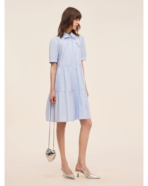 GOELIA Blue 100% Cotton Puff Sleeve Mini Dress With Ribbon