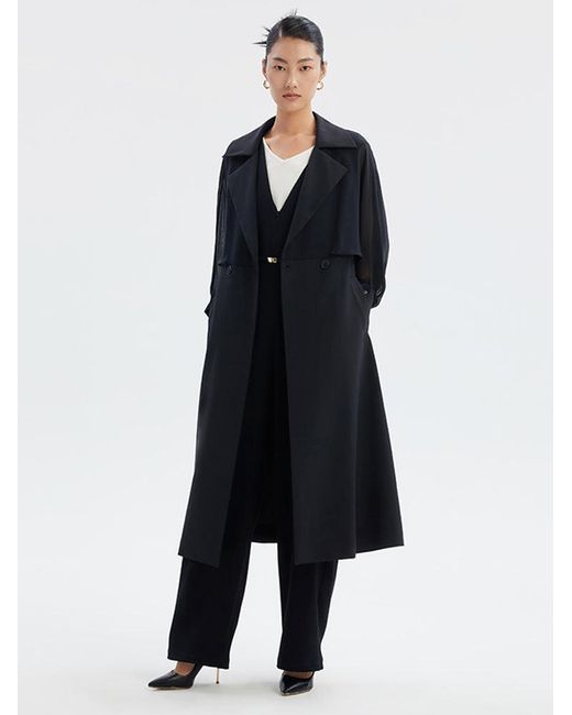 GOELIA Blue Silk Patchwork Worsted Wool Trench Coat