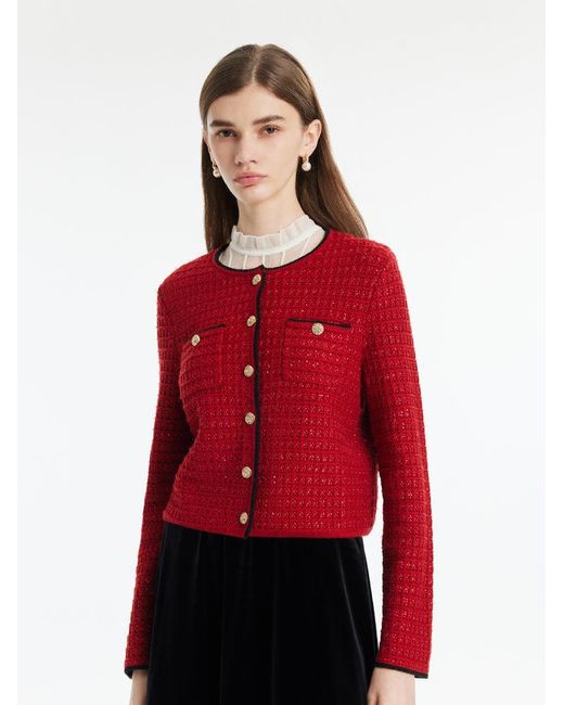 GOELIA Red Wool-Blend Sequins Knitted Cardigan