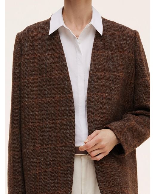 GOELIA Brown [Preview] 100% Wool Plaid Collarless Blazer