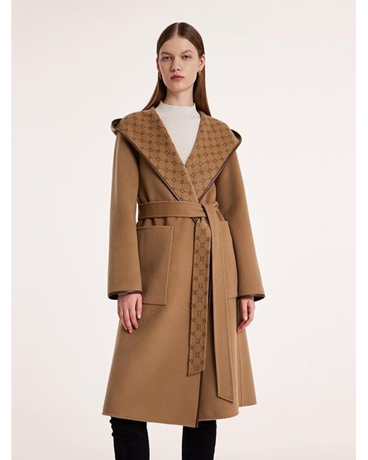 GOELIA Brown Pure Wool Reversible Hooded Printed Coat