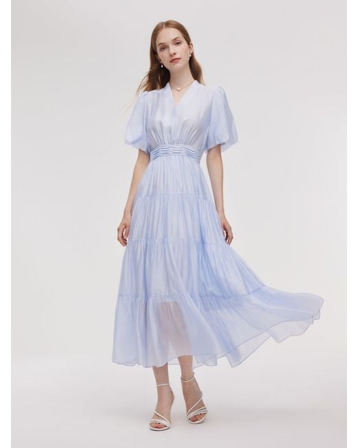 GOELIA Purple A-Line V-Neck Pleated Tiered Maxi Dress