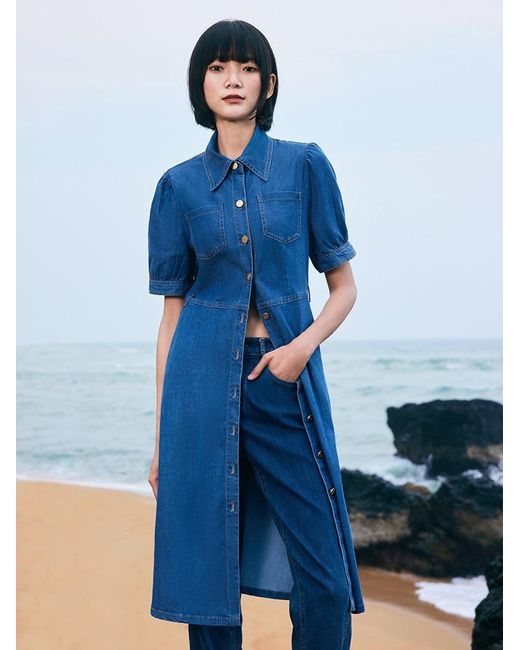 GOELIA Blue Tencel Denim Shirt Midi Collared Dress With Belt
