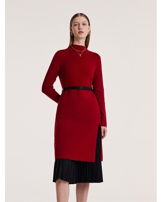 GOELIA Red Mock Neck Long Sweater And Wool Pleated Skirt Two-Piece Set