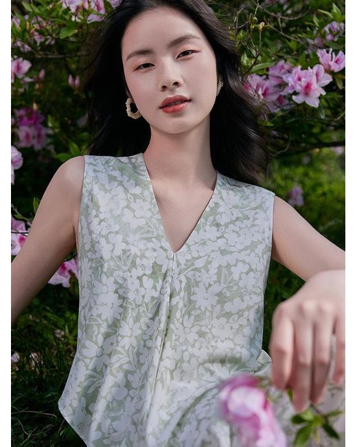 GOELIA Green 16 Momme Floral Printed Sleeveless Silk Maxi Dress