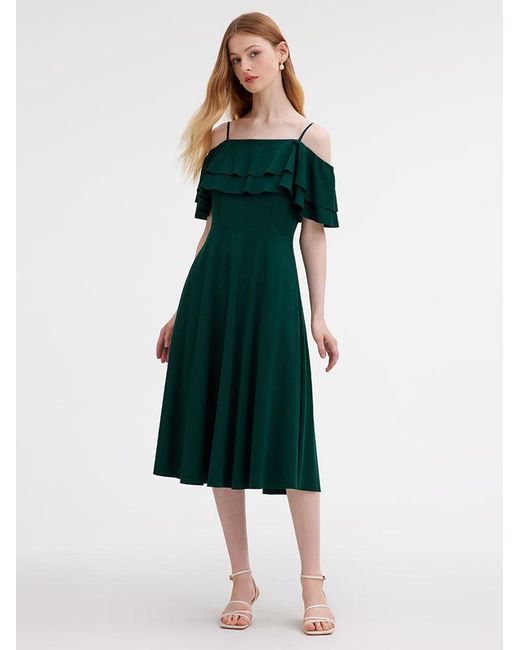 GOELIA Green Off Shoulder Ruffle Trim Knitted Midi Dress