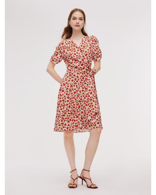 GOELIA Red Tencel And Linen Blend Rose Print Midi Dress
