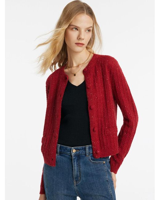 GOELIA Red Wool Blend Single-Breasted Sequins Cardigan