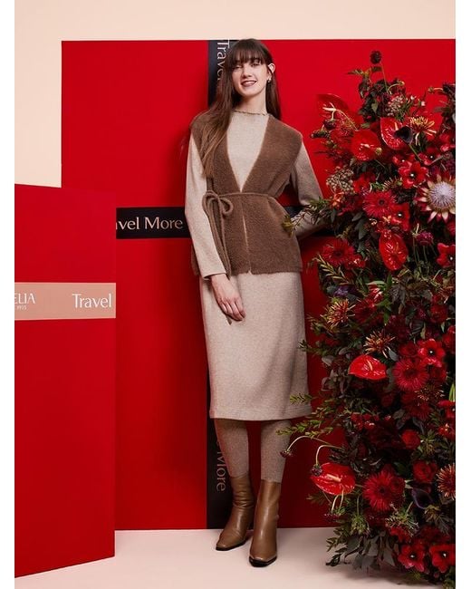 GOELIA Natural Slim Pinafore Dress And Faux Mink Vest Two-Piece Set With Belt