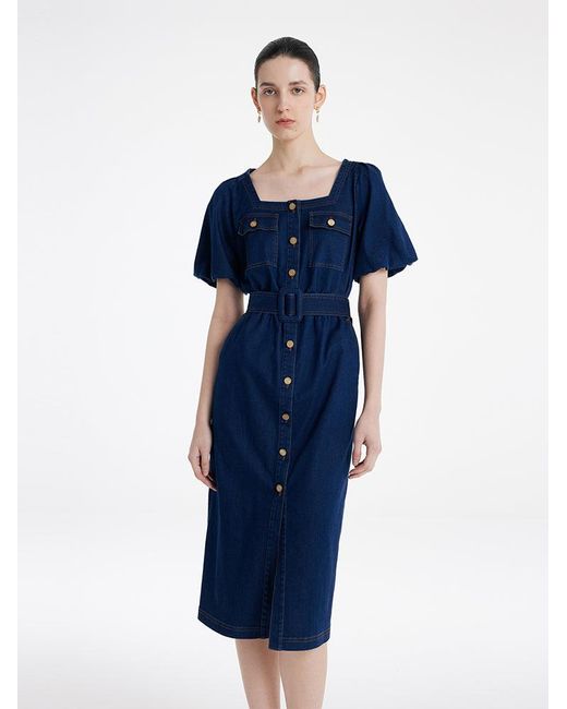 GOELIA Blue Puff Sleeves Square Neck Denim Midi Dress With Belt