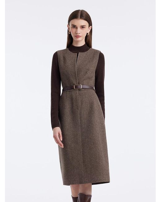 GOELIA Brown Washable Wool Vest Dress And Knitted Sweater Two-Piece Set With Belt