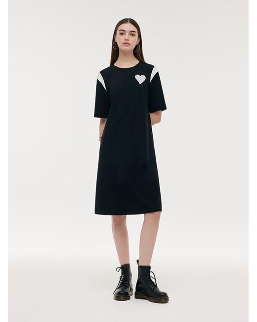 GOELIA Black Color Block Sequined Heart T-Shirt Midi Dress