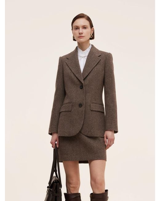 GOELIA Brown 100% Washable Wool Gathered Waist Blazer