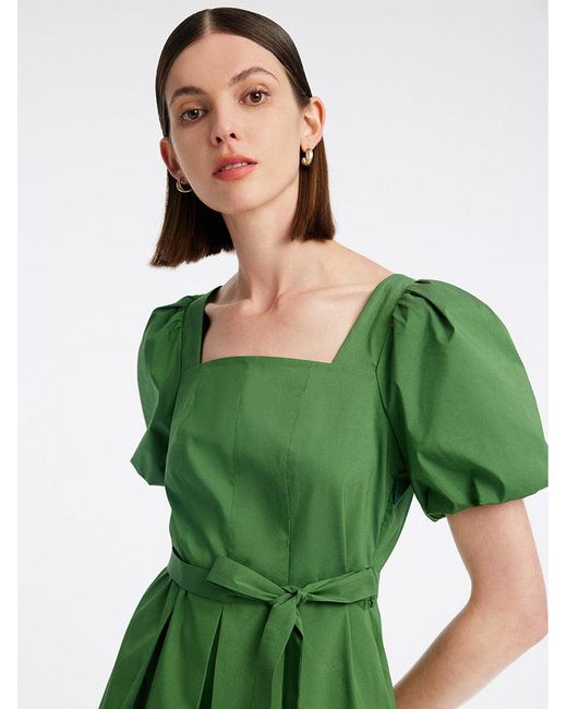 GOELIA Green Square Neck Puff Sleeve A-Line Mini Dress